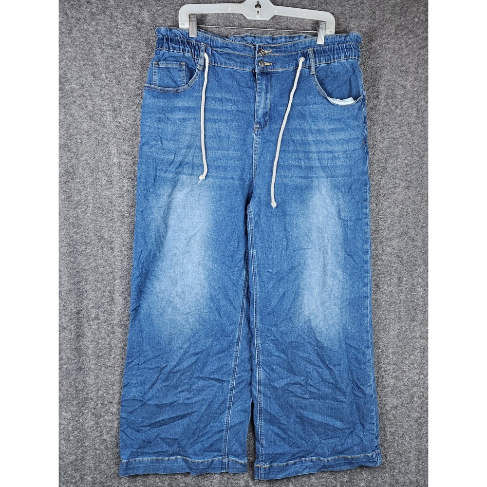 ADGN Wide Leg Jeans Women 2XL Blue Paperbag Elastic Drawstring Denim Pants - Picture 1 of 9